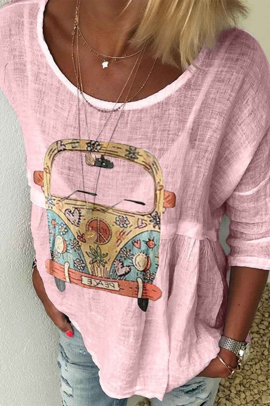Women's Bohemian Print Shirt – Relaxed Fit – Round Neck – Half Sleeve Pink