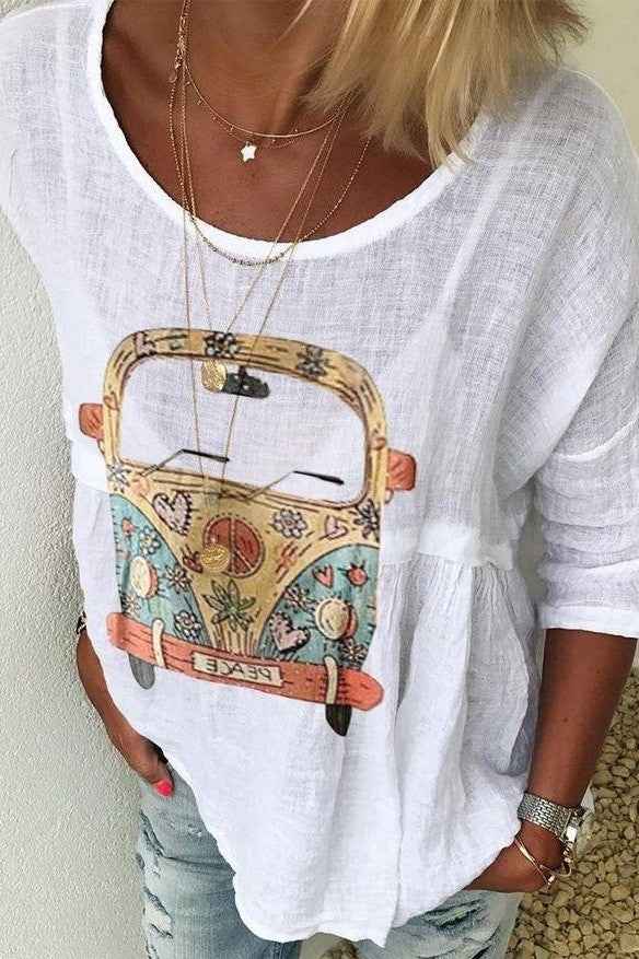 Women's Bohemian Print Shirt – Relaxed Fit – Round Neck – Half Sleeve White