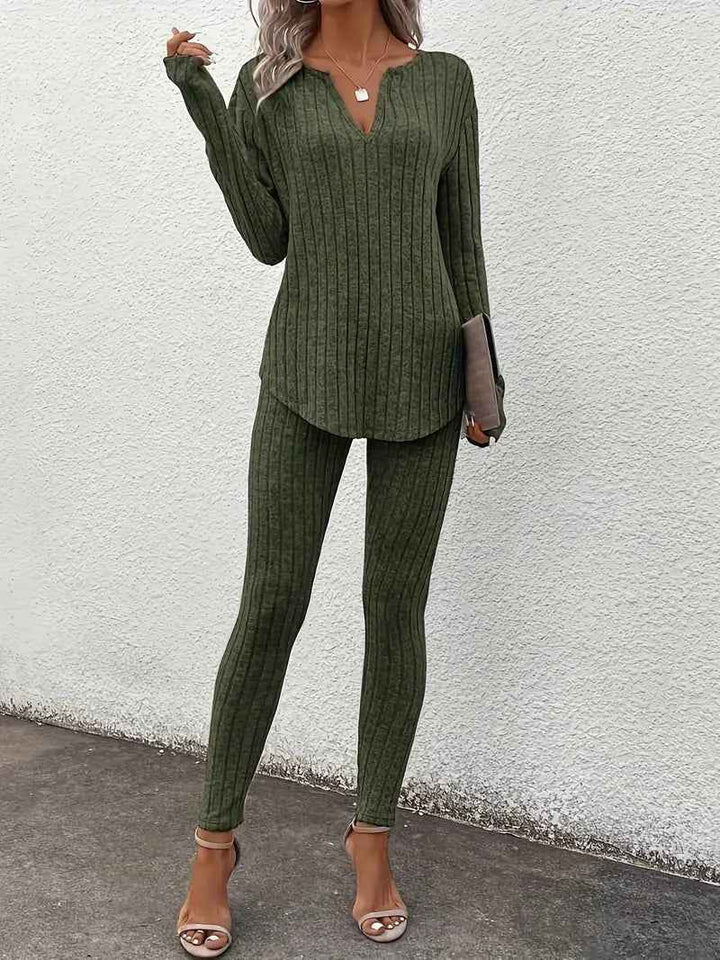 Women's Ribbed Twinset Lounge Set – V-Neck Top & Leggings – Comfortable Casual Wear Green