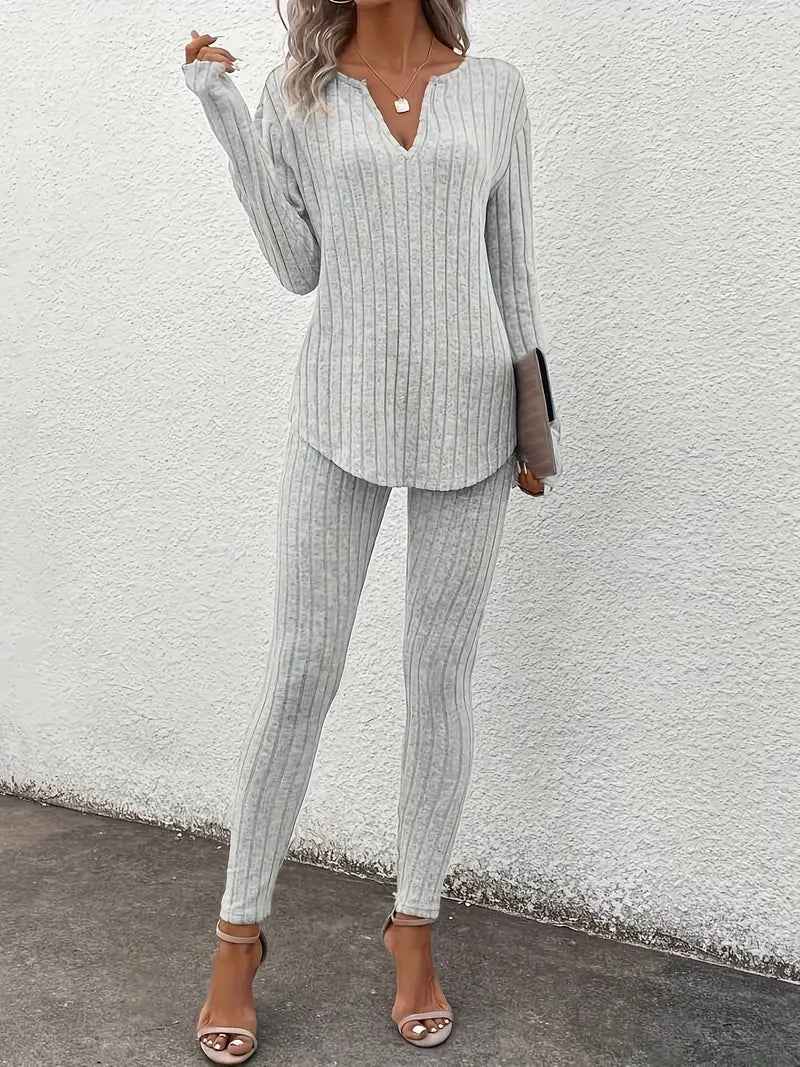 Women's Ribbed Twinset Lounge Set – V-Neck Top & Leggings – Comfortable Casual Wear Grey