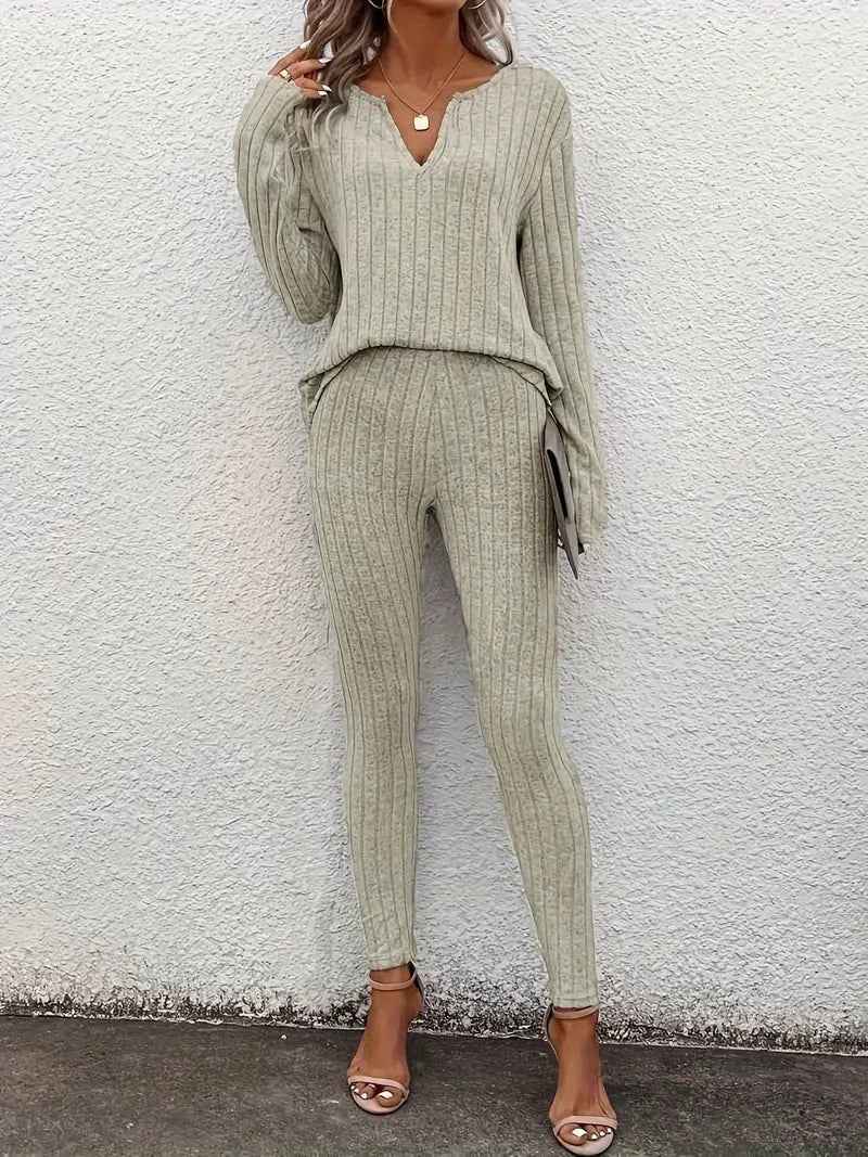 Women's Ribbed Twinset Lounge Set – V-Neck Top & Leggings – Comfortable Casual Wear Light Green