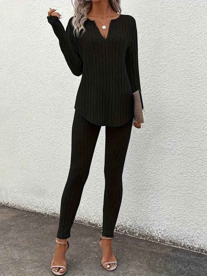 Women's Ribbed Twinset Lounge Set – V-Neck Top & Leggings – Comfortable Casual Wear Black