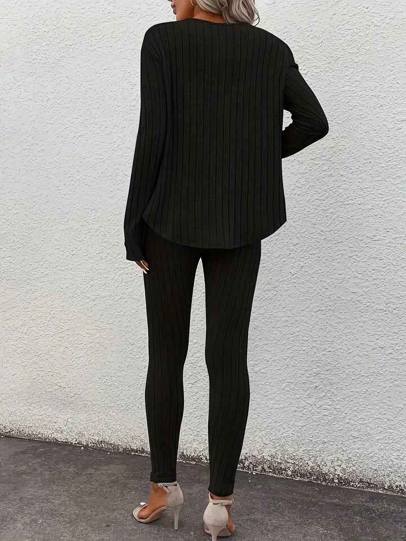 Women's Ribbed Twinset Lounge Set – V-Neck Top & Leggings – Comfortable Casual Wear