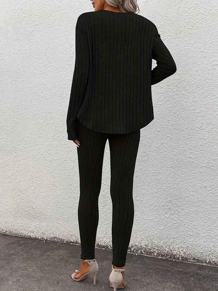 Women's Ribbed Twinset Lounge Set – V-Neck Top & Leggings – Comfortable Casual Wear