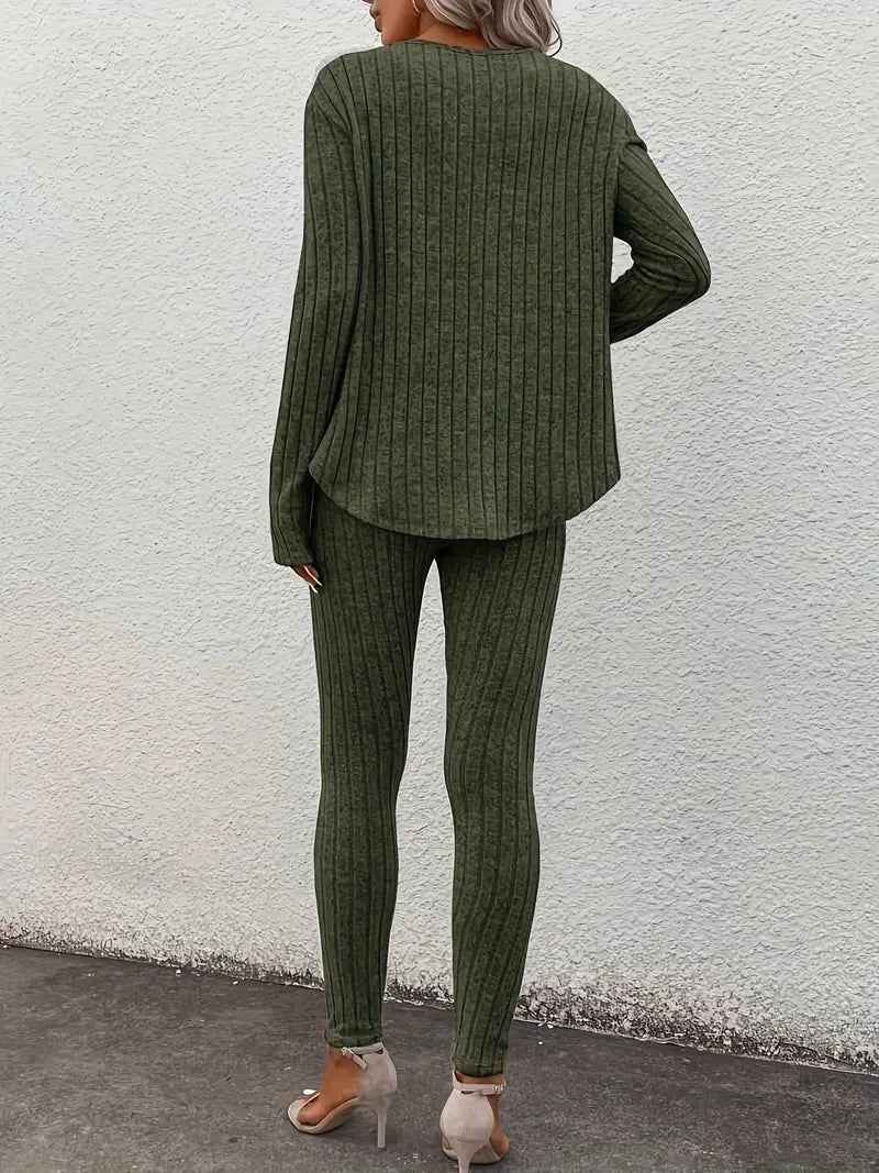 Women's Ribbed Twinset Lounge Set – V-Neck Top & Leggings – Comfortable Casual Wear