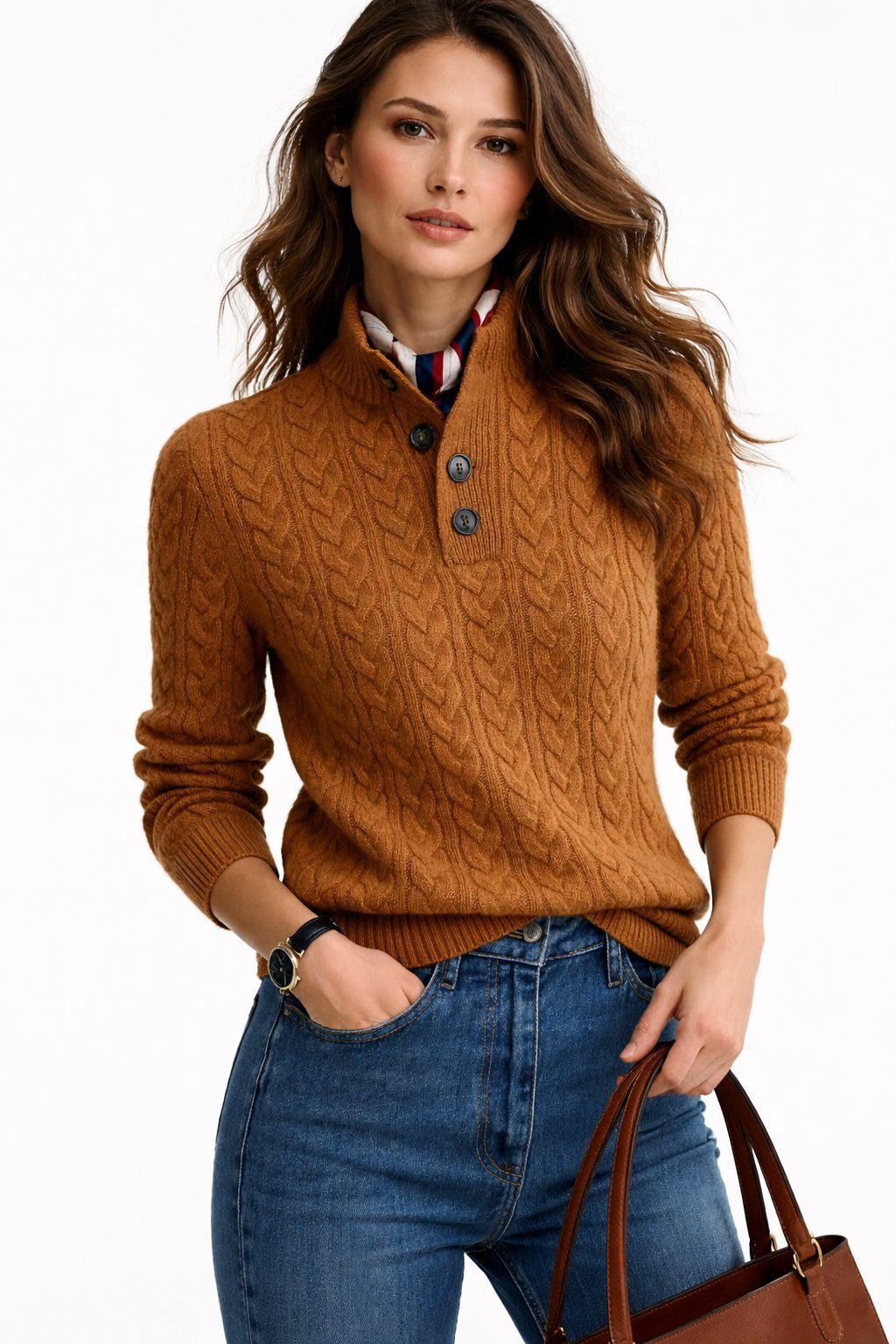 Women's Cable Knit Wool Blend Sweater with Button-Neck Brown