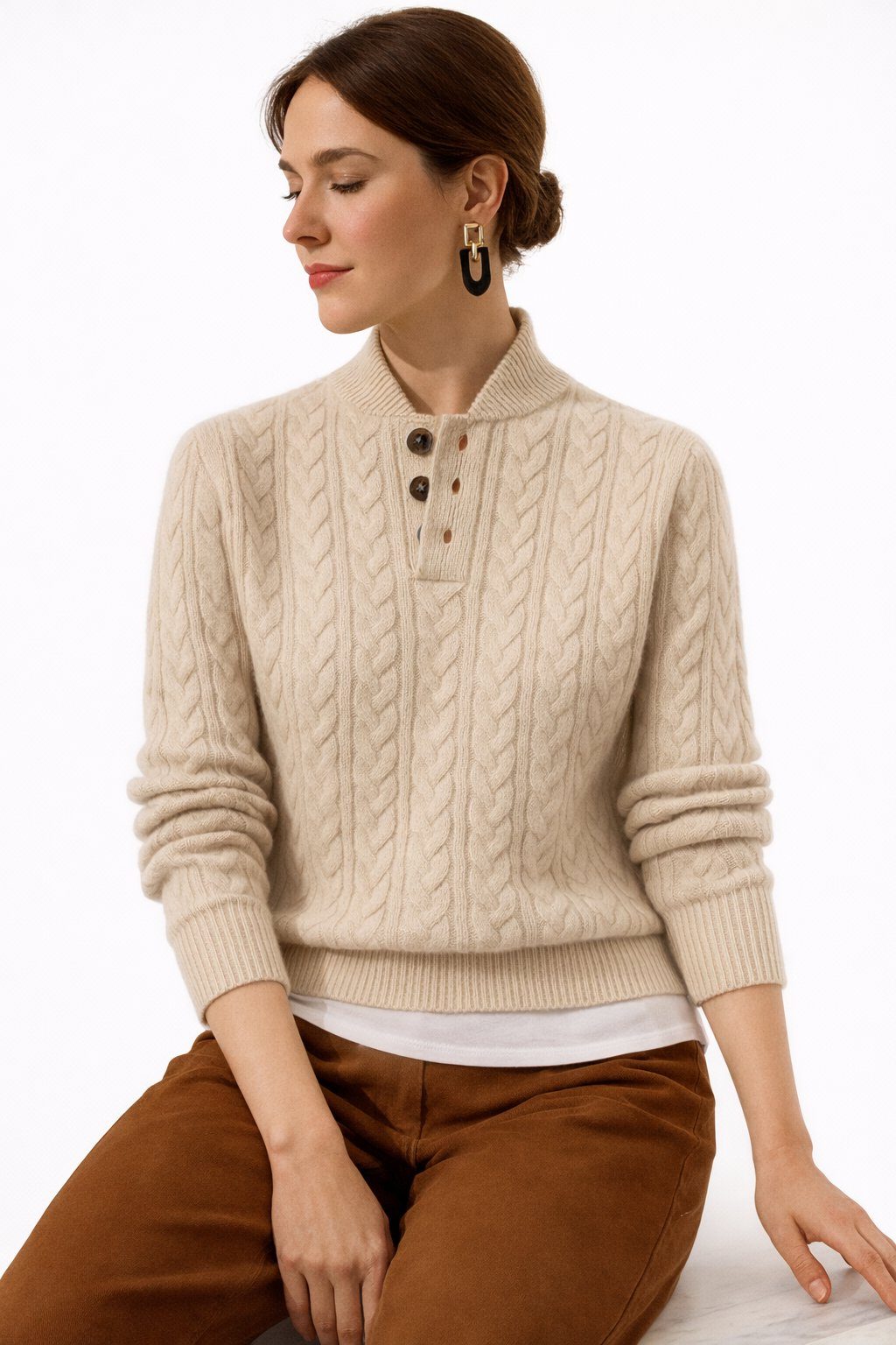 Women's Cable Knit Wool Blend Sweater with Button-Neck Khaki