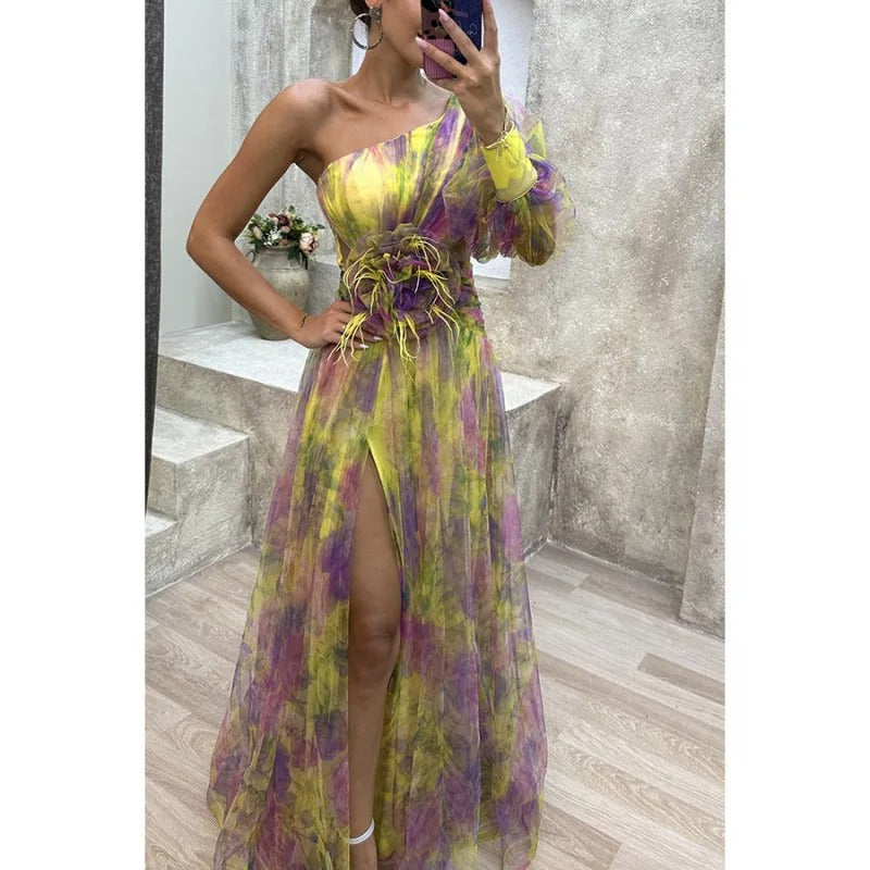 Norma | Women's Elegant Maxi Dress in Sheer Floral Design Yellow