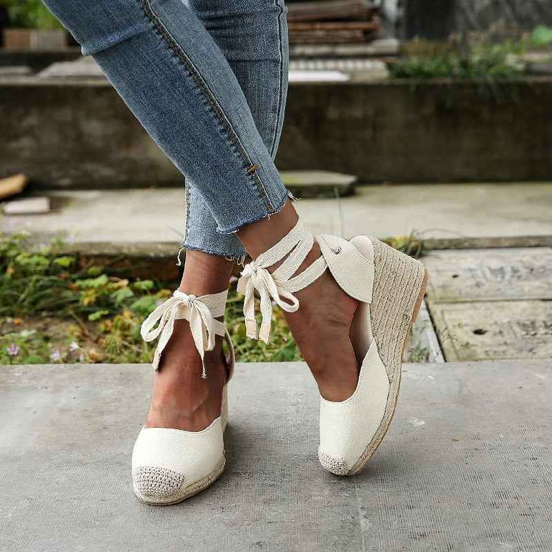 Women's Tie-Up Lace Wedge Sandals White