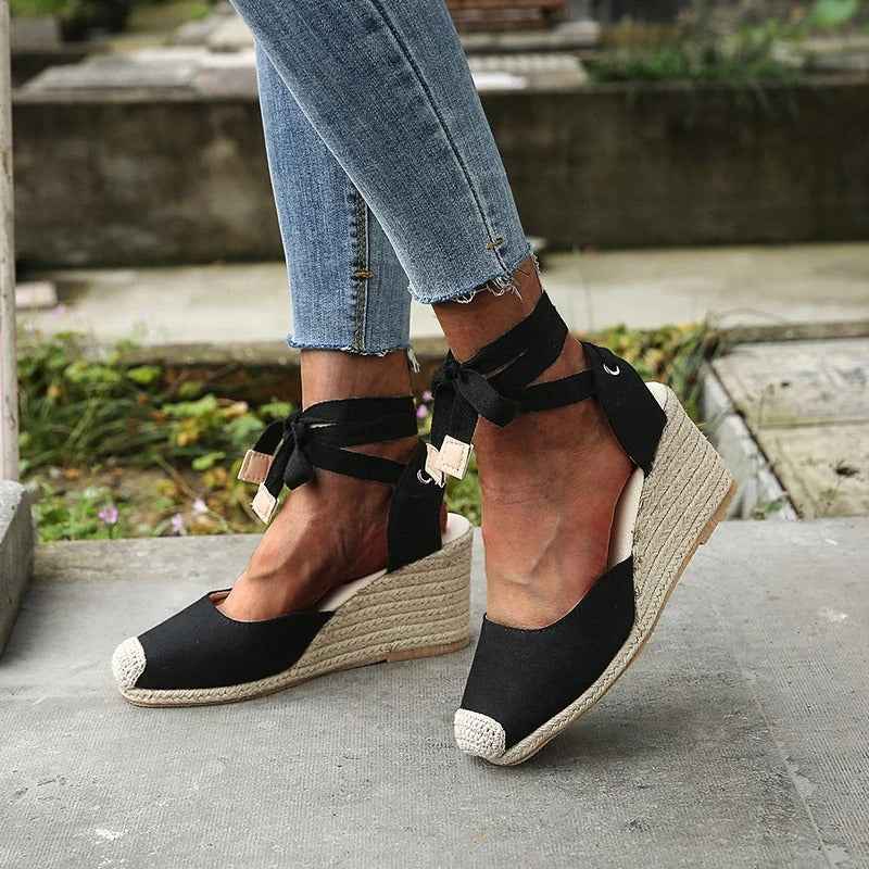 Women's Tie-Up Lace Wedge Sandals Black