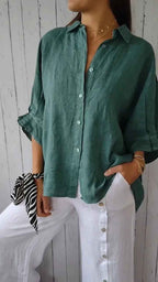 Women's Relaxed Fit Long Sleeve Blouse – Breathable Natural Fabric Dark Green