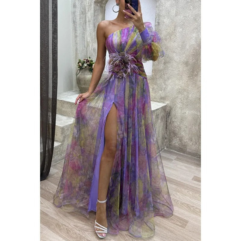 Norma | Women's Elegant Maxi Dress in Sheer Floral Design Purple