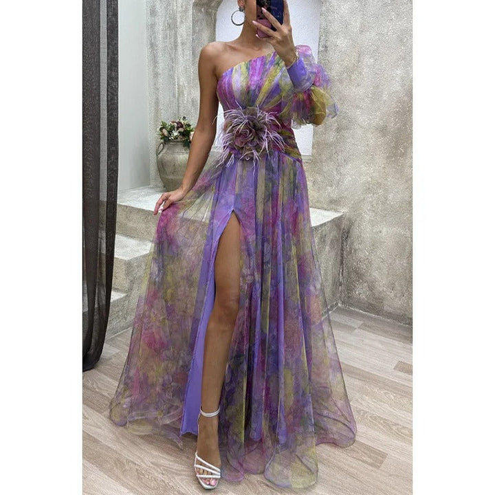 Norma | Women's Elegant Maxi Dress in Sheer Floral Design Purple