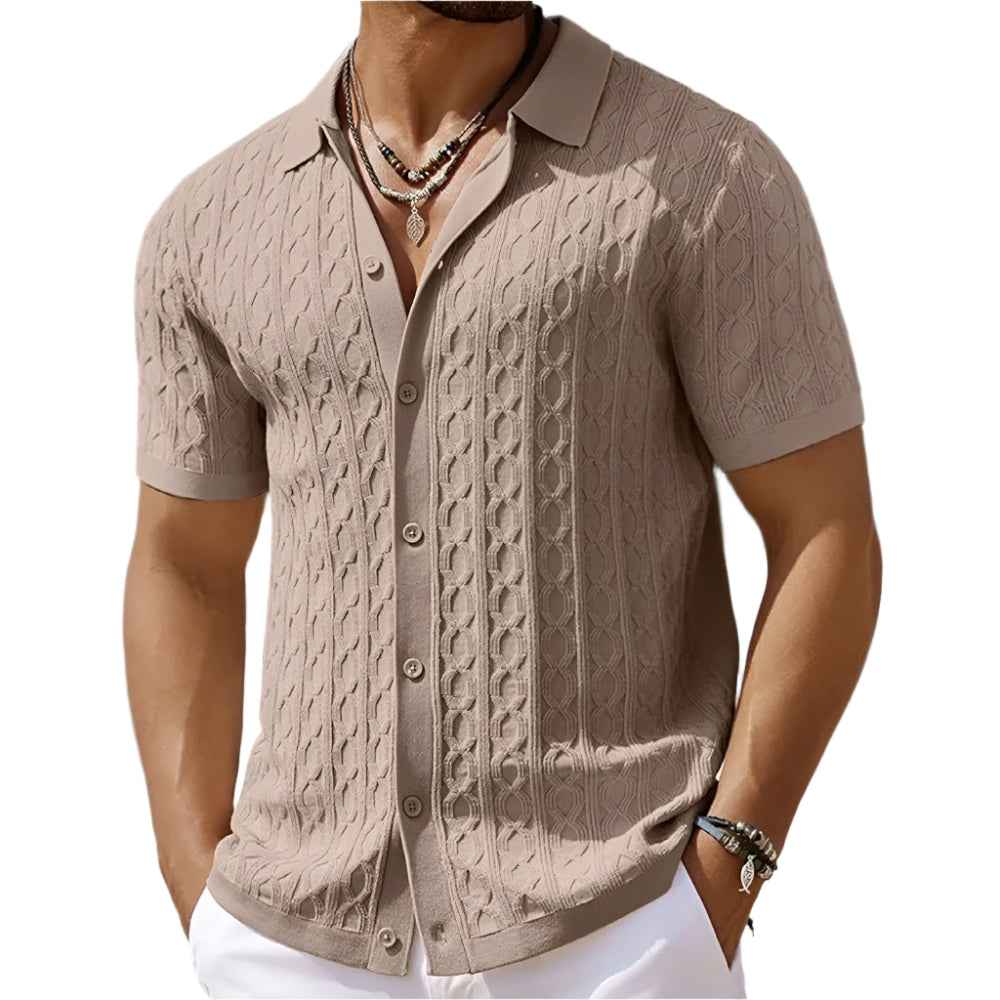 Men's Retro Jacquard Knit Polo - Stylish and Comfortable Khaki