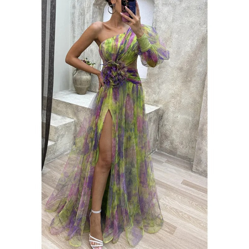 Norma | Women's Elegant Maxi Dress in Sheer Floral Design Green