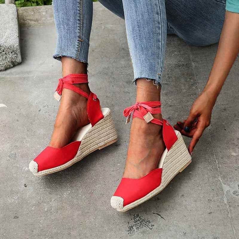 Women's Tie-Up Lace Wedge Sandals Red