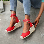 Women's Tie-Up Lace Wedge Sandals Red