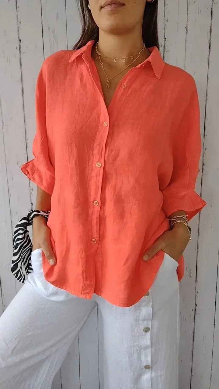 Women's Relaxed Fit Long Sleeve Blouse – Breathable Natural Fabric Orange