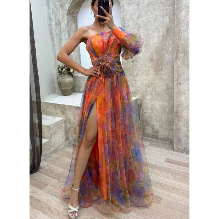 Norma | Women's Elegant Maxi Dress in Sheer Floral Design Orange