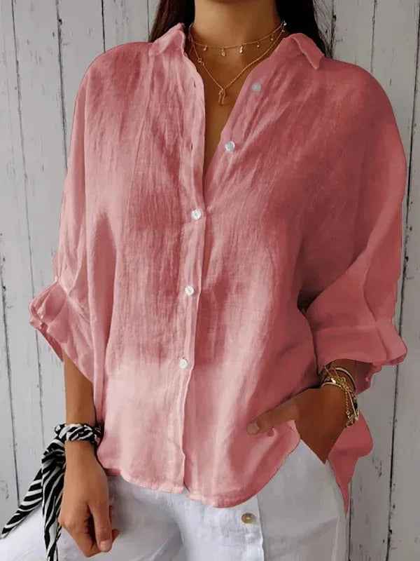 Women's Relaxed Fit Long Sleeve Blouse – Breathable Natural Fabric Pink