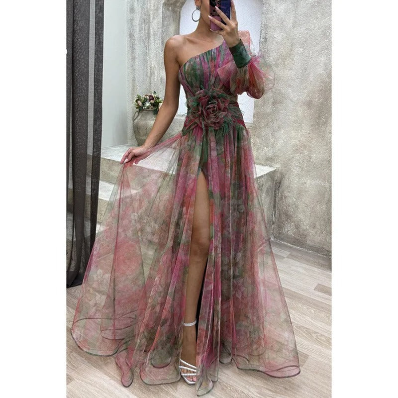 Norma | Women's Elegant Maxi Dress in Sheer Floral Design Red