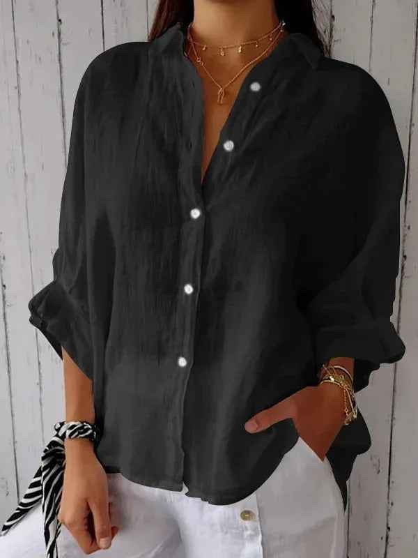 Women's Relaxed Fit Long Sleeve Blouse – Breathable Natural Fabric Black