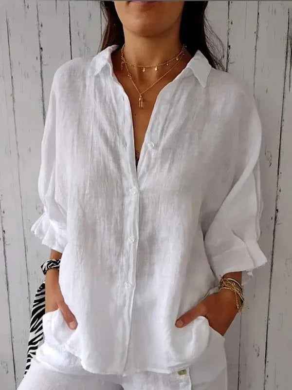 Women's Relaxed Fit Long Sleeve Blouse – Breathable Natural Fabric White