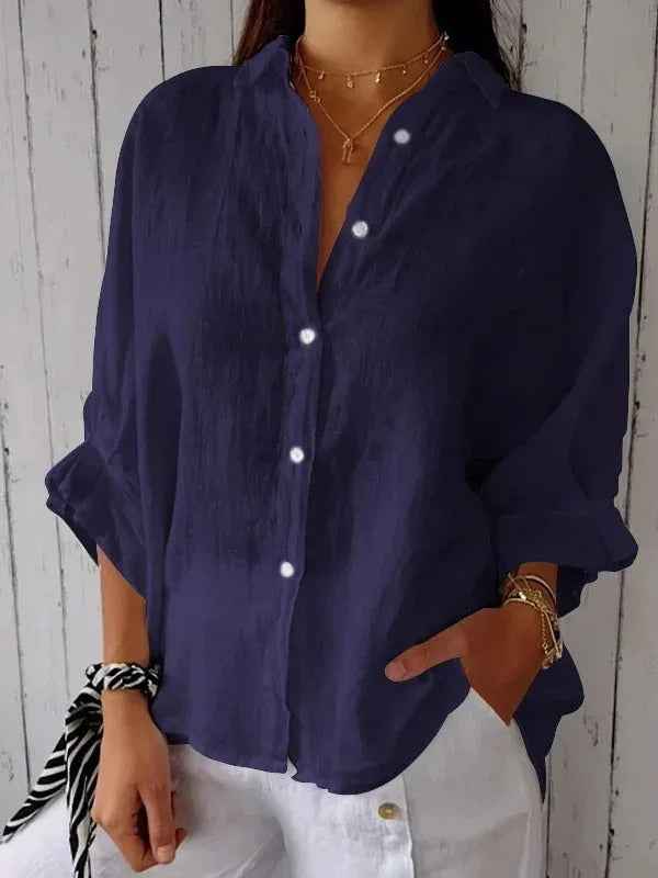 Women's Relaxed Fit Long Sleeve Blouse – Breathable Natural Fabric Navy Blue