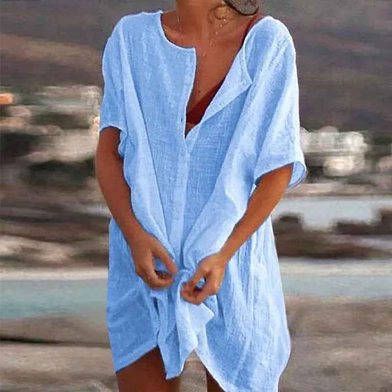 Women's Lightweight Beach Dress – Breathable, Loose Fit, Short Sleeves, Mini Length Blue