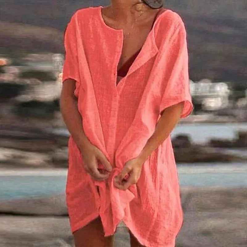 Women's Lightweight Beach Dress – Breathable, Loose Fit, Short Sleeves, Mini Length Orange