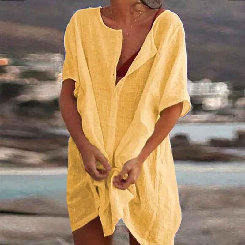 Women's Lightweight Beach Dress – Breathable, Loose Fit, Short Sleeves, Mini Length Yellow