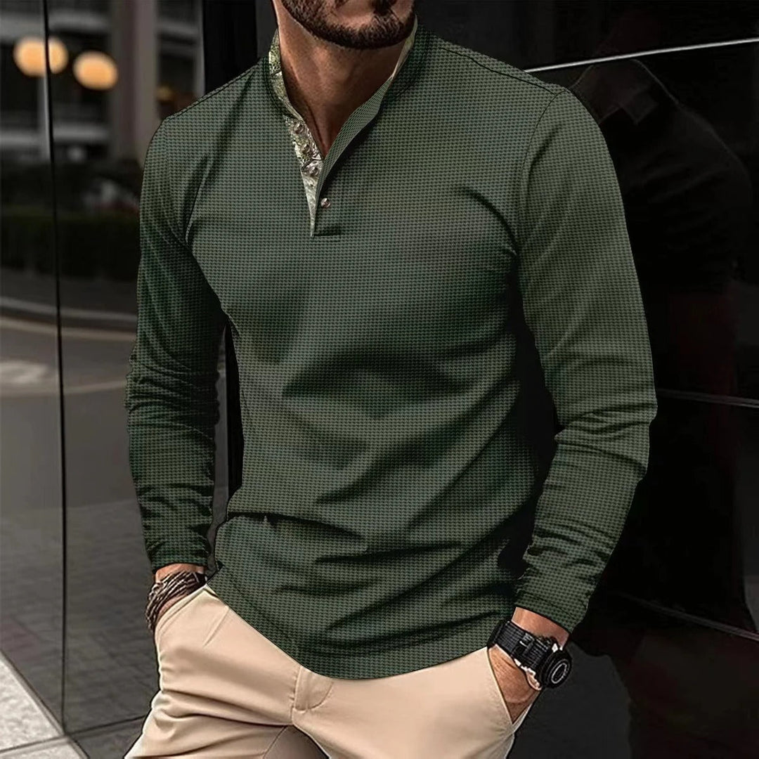 Men's Lightweight Long Sleeve Shirt – Subtle Checkered Design – Band Collar – Modern Fit Army Green