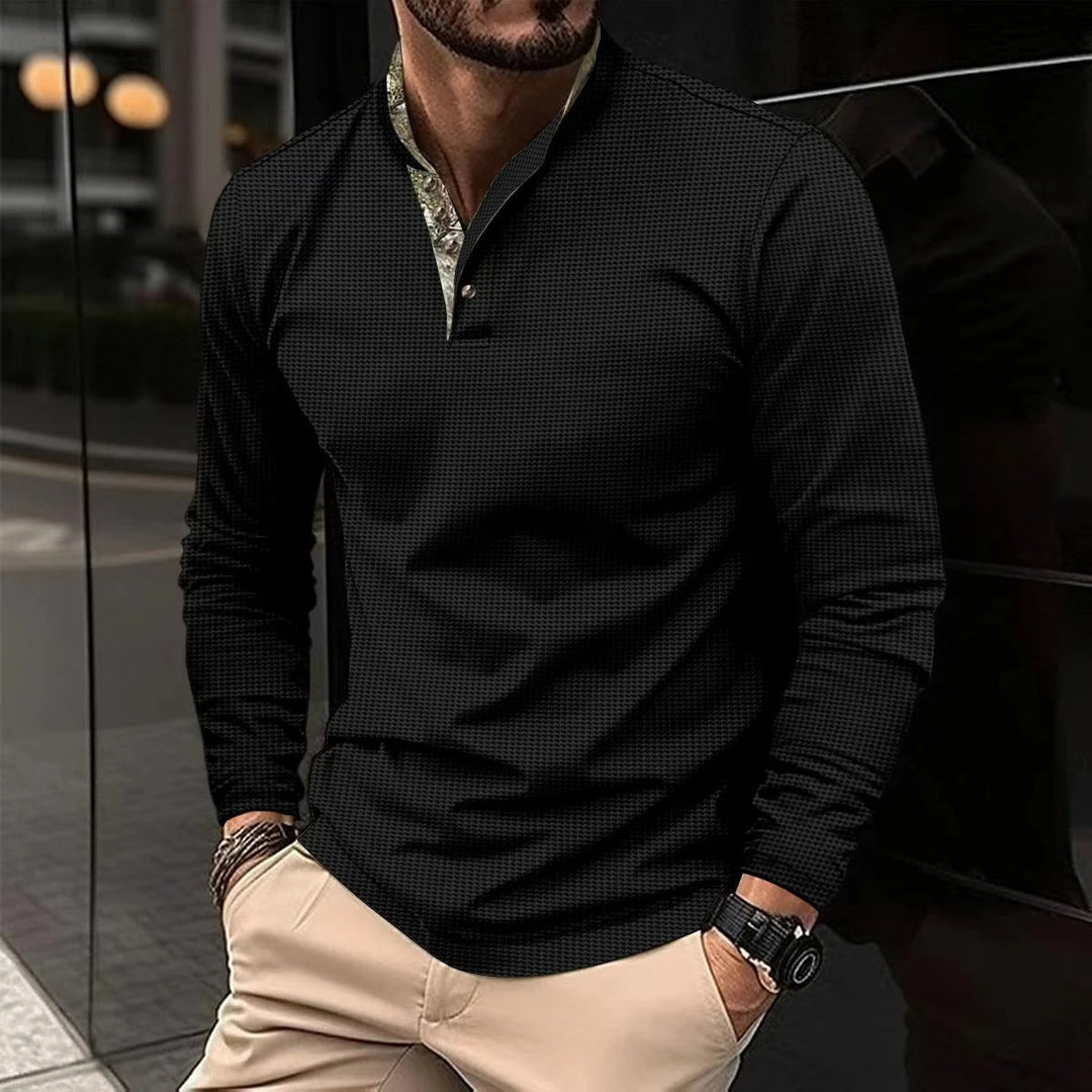 Men's Lightweight Long Sleeve Shirt – Subtle Checkered Design – Band Collar – Modern Fit Black