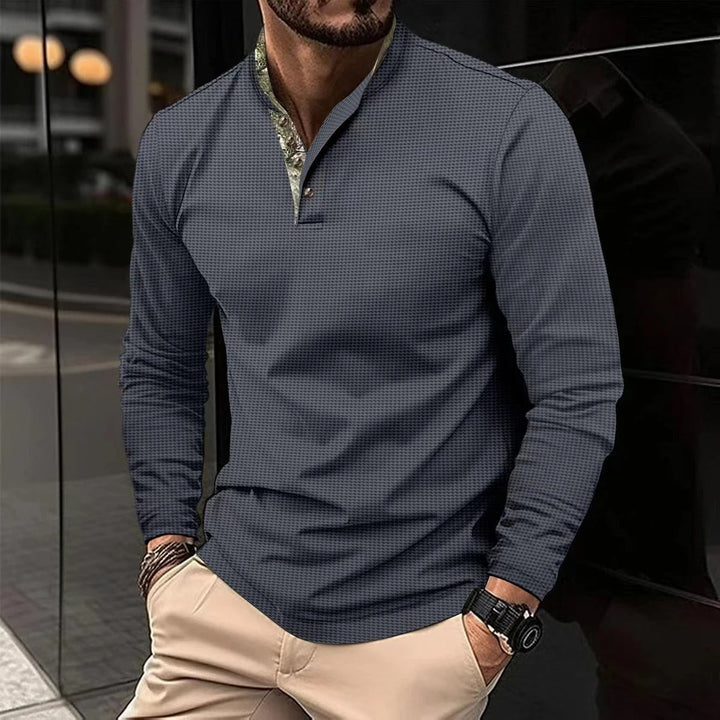 Men's Lightweight Long Sleeve Shirt – Subtle Checkered Design – Band Collar – Modern Fit Grey