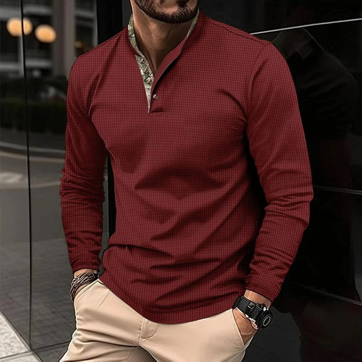 Men's Lightweight Long Sleeve Shirt – Subtle Checkered Design – Band Collar – Modern Fit Red