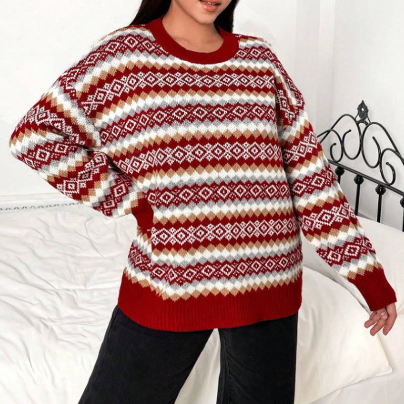 Women's Velvet Crewneck Long Sleeve Fair Isle Sweater Winter
