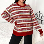 Women's Velvet Crewneck Long Sleeve Fair Isle Sweater Winter