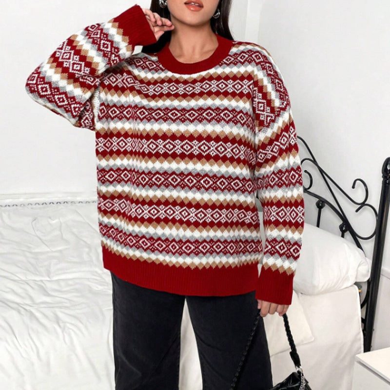 Women's Velvet Crewneck Long Sleeve Fair Isle Sweater Winter