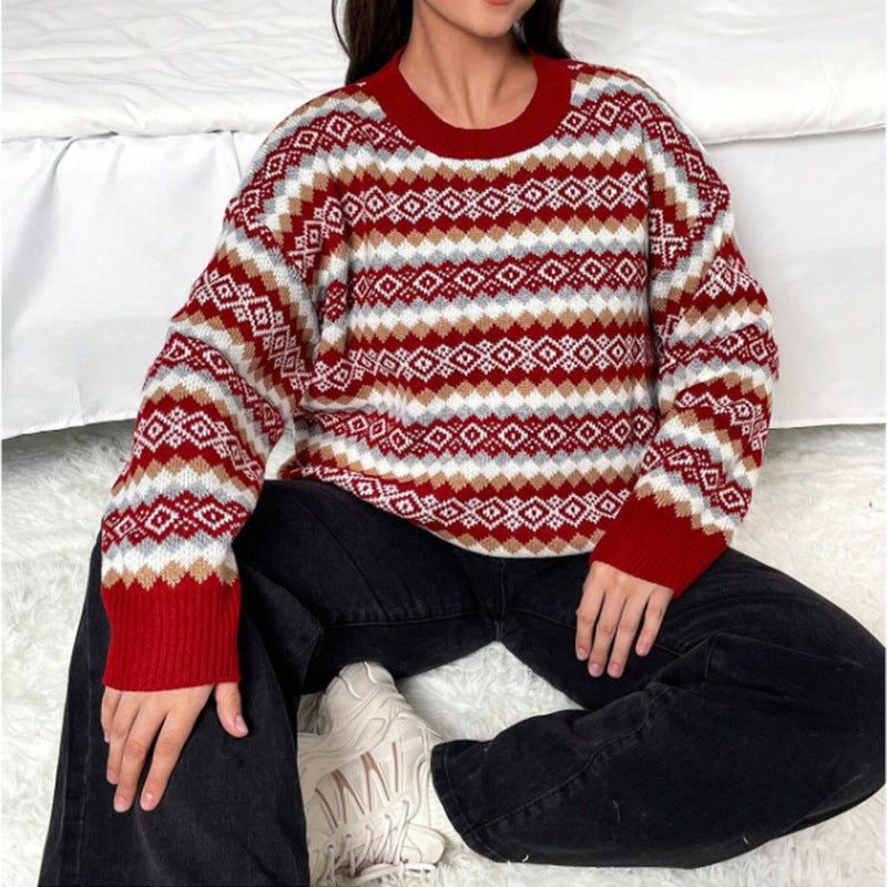 Women's Velvet Fair Isle Crew Neck Sweater