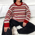 Women's Velvet Crewneck Long Sleeve Fair Isle Sweater Winter