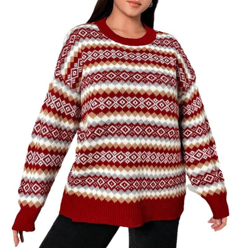 Women's Velvet Crewneck Long Sleeve Fair Isle Sweater Winter