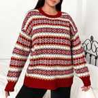 Women's Velvet Crewneck Long Sleeve Fair Isle Sweater Winter Red