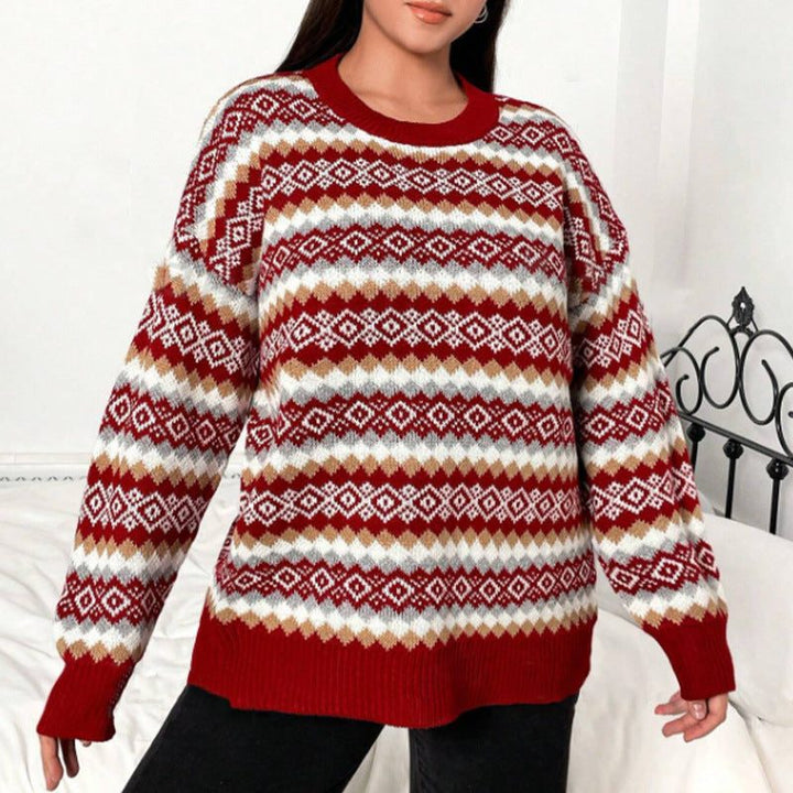 Women's Velvet Fair Isle Crew Neck Sweater Red