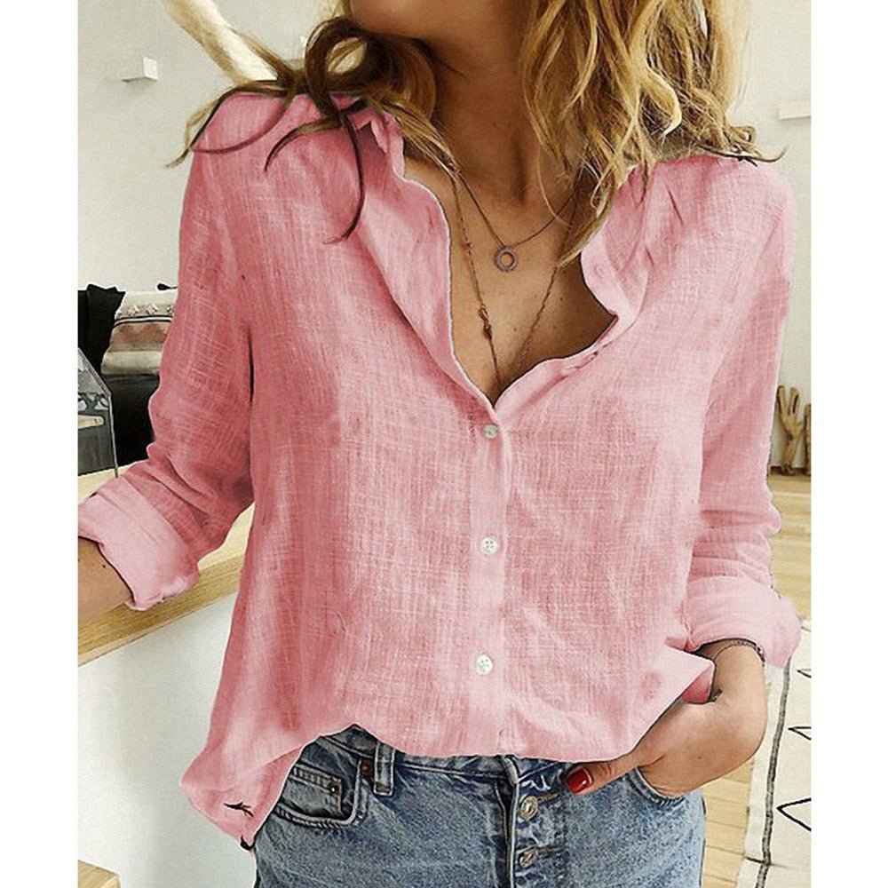 Women's Casual Relaxed Fit Long Sleeve Button-Up Blouse Pink
