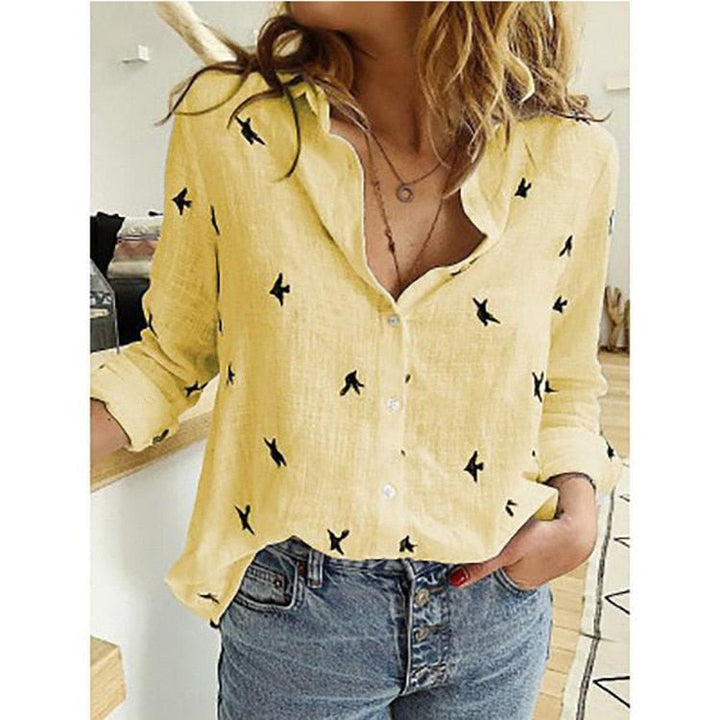 Women's Casual Relaxed Fit Long Sleeve Button-Up Blouse Yellow with birds