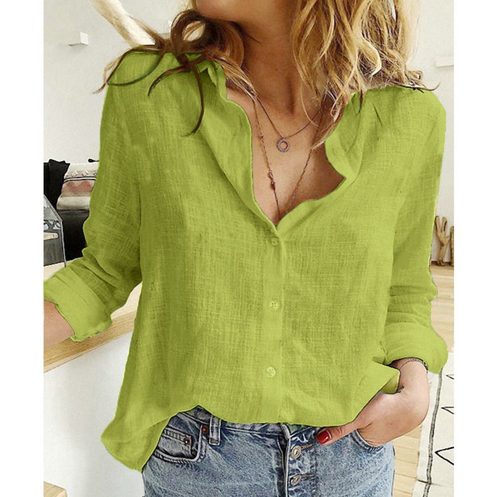 Women's Casual Relaxed Fit Long Sleeve Button-Up Blouse Green