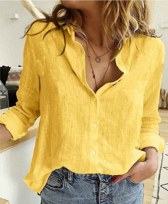 Women's Casual Relaxed Fit Long Sleeve Button-Up Blouse Yellow