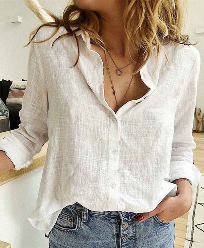 Women's Casual Relaxed Fit Long Sleeve Button-Up Blouse White