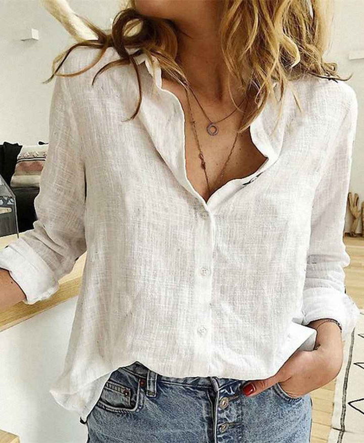 Women's Casual Relaxed Fit Long Sleeve Button-Up Blouse White
