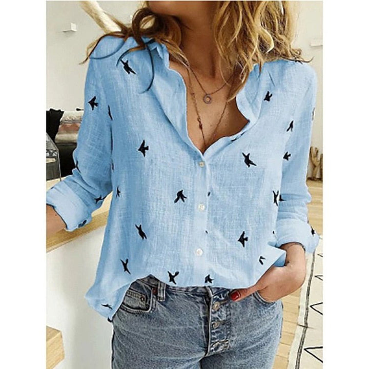 Women's Casual Relaxed Fit Long Sleeve Button-Up Blouse Blue with birds